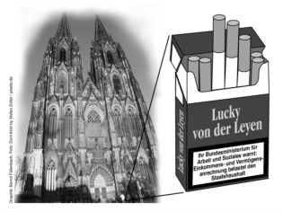 Größenverhältnis Kölner Dom zur Zigarettenschachtel / Ausgaben zu Einnahmen Einkommens- und Vermögensanrechnung