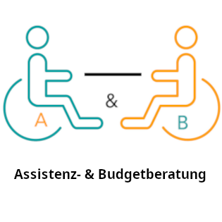Grafik 2 Rollstuhlfahrer stehen gegenüber mit Buchstaben A & B (Assustenz- und Budgetberatung) gekennzeichnet